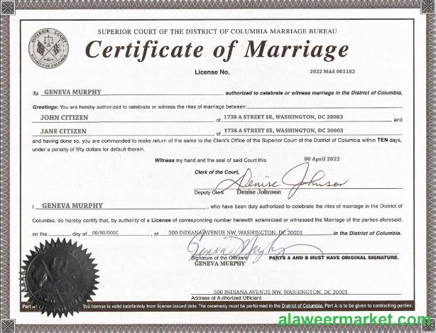 USA Washington district of Columbia marriage certificate template in PSD format